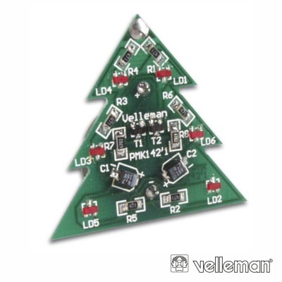 Placa eletrónica verde em forma de árvore de Natal com LEDs vermelhos e texto 'Velleman PMK142'1'