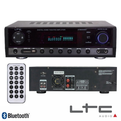 Amplificador digital preto LTC Audio para home theater com controlo remoto e várias conexões