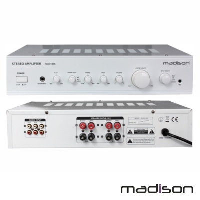 Amplificador estéreo branco Madisson MA607500 com controlo frontal e conexões traseiras