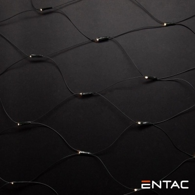 Rede preta com pequenos dispositivos eletrónicos ligados, fundo escuro, texto ENTAC