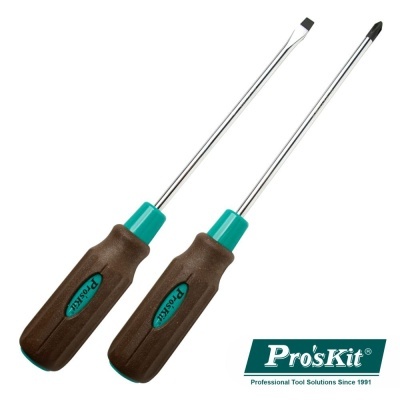 Conjunto de duas chaves de fendas Pro'sKit com cabos castanhos e punhos verdes.