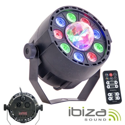 Luz de palco LED colorida com comando remoto e painel traseiro da Ibiza Sound