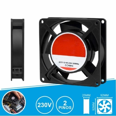 Ventoinha electrónica preta quadrada 92x92mm com etiqueta vermelha e branca