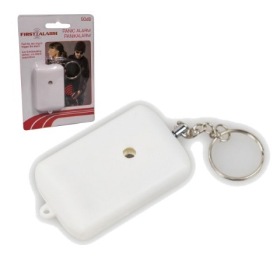 Alarme pessoal de pânico branco com chaveiro na embalagem