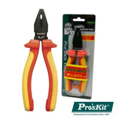 Alicate isolado Pro'sKit PM-012 com empunhadura amarela e vermelha e embalagem