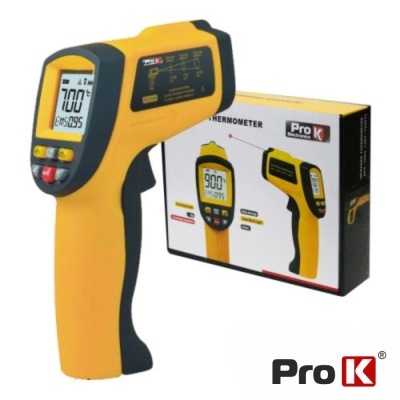 Termómetro digital Pro K amarelo e preto com embalagem