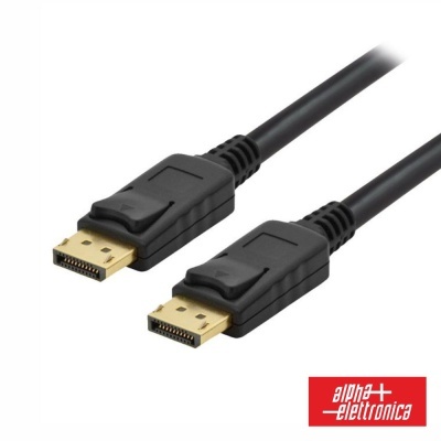 Cabo DisplayPort preto com conectores dourados e logótipo alpha elettronica