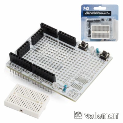 Placa prototipagem branca com conectores, mini breadboard e embalagem Velleman