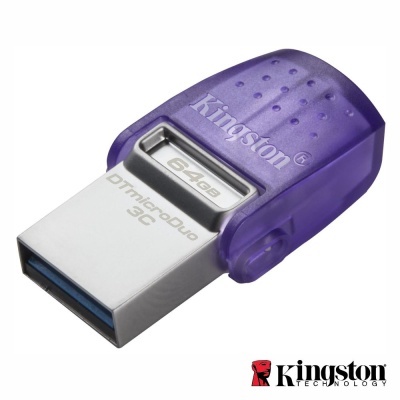Pen USB Kingston 64GB metálico com tampa roxa translúcida e logotipo Kingston