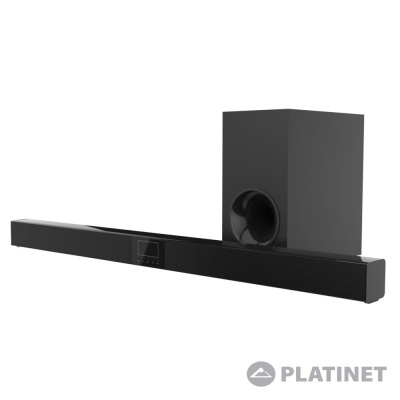 Barra de som e subwoofer negros da marca Platinet com ecrã digital