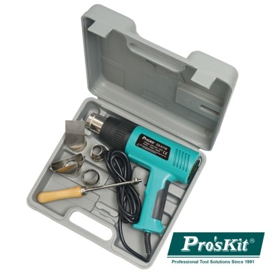 Conjunto de pistola de ar quente e acessórios em caixa cinzenta com logótipo Pro'sKit