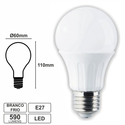 Lâmpada LED branco frio E27 com 590 lumens e dimensões 110mm x 60mm
