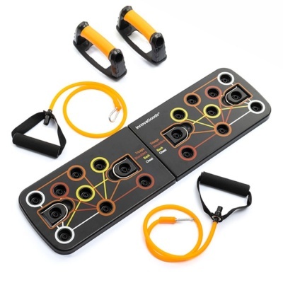 Conjunto de exercício com prancha e acessórios em cores preto, amarelo e laranja