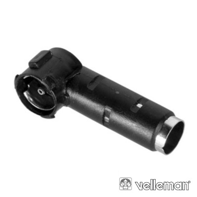 Conector coaxial preto em ângulo de 90 graus com detalhes metálicos