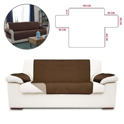 Capa protetora castanha acolchoada para sofá branco com medidas visíveis.