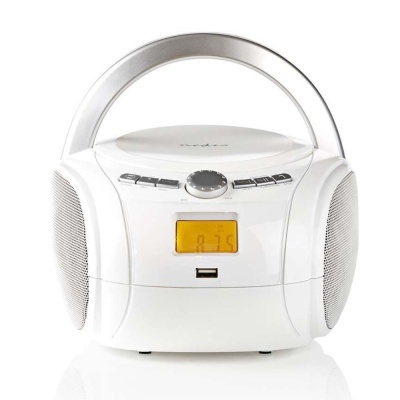 Aparelho de som portátil branco com visor digital amarelo e botões de controlo