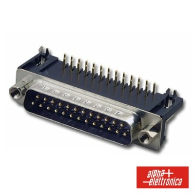 Conector macho DB25 metálico e base preta com logo ALPHA ELETTRONICA