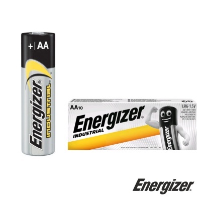 Pilha AA Energizer Industrial e embalagem com design amarelo e branco