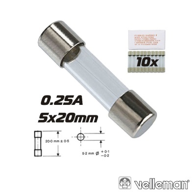 Fusível tubular de vidro 0.25A 5x20mm com embalagem e logótipo Velleman