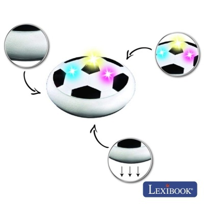 Disco voador branco com padrão preto de bola de futebol e luzes coloridas brilhantes