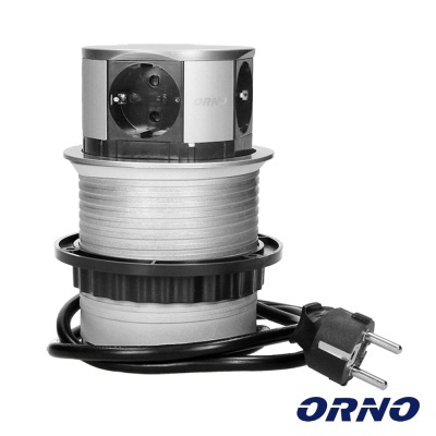 Tomada elétrica embutida prateada com cabo preto e marca ORNO