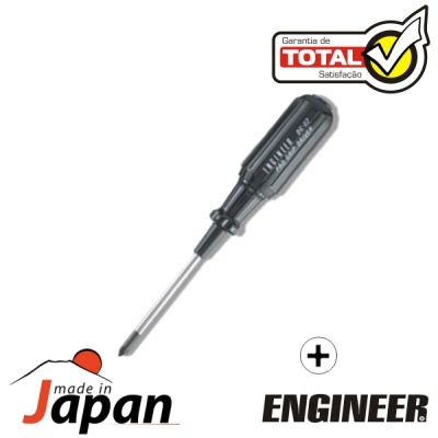 Chave de fendas preta com detalhes de texto e selo de garantia