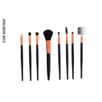 Conjunto de oito pincéis de maquilhagem com cabos pretos e detalhes cobre