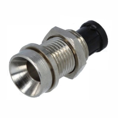 Conector coaxial metálico prateado com rosca e parte plástica preta na extremidade