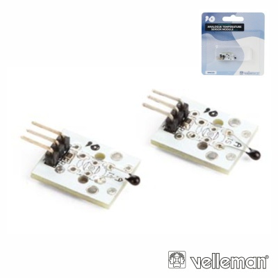 Dois sensores de temperatura analógicos em placas brancas com conectores e embalagem azul e branca