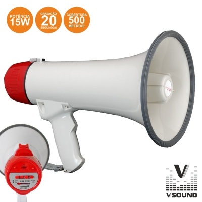 Megafone branco e vermelho com texto em círculos laranja e logo VSOUND