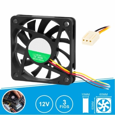 Ventoinha de computador preta 60x60x10 mm com três fios coloridos e conector branco