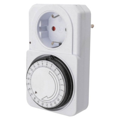 Tomada elétrica com temporizador mecânico branco e preto