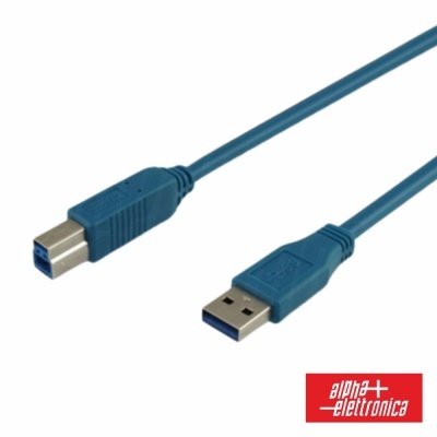 Cabo USB azul com conectores tipo A e B e logotipo alpha elettronica