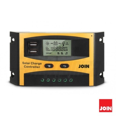 Controlador de carga solar preto e amarelo com ecrã digital e portas USB