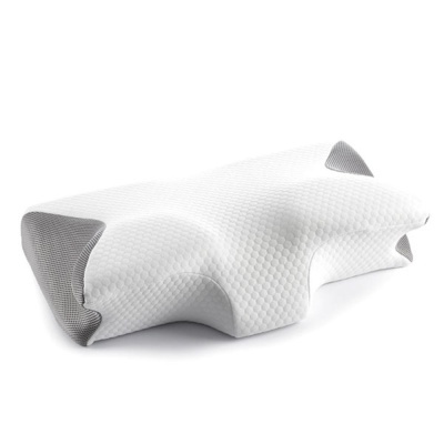 Travesseiro ortopédico branco com laterais cinzentas e formato anatómico