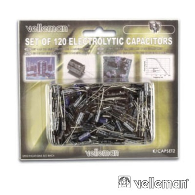 Pacote de 120 condensadores eletrolíticos Velleman em embalagem transparente e preto-amarela