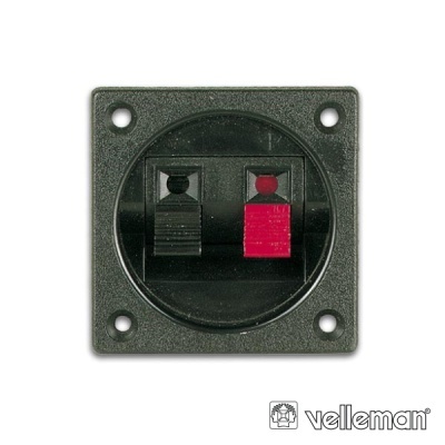 Conector de colunas preto com terminais vermelho e preto e parafusos