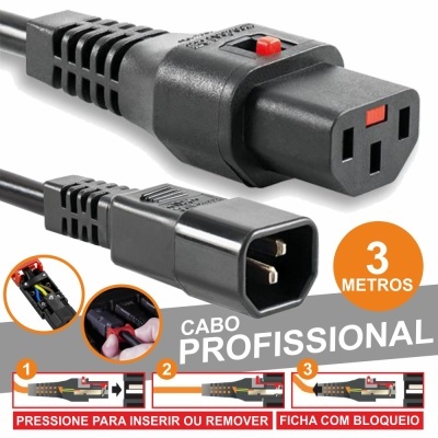 Cabo profissional preto com ficha de bloqueio de 3 metros e instruções de uso