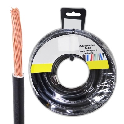 Carretel de cabo paralelo preto com fios de cobre expostos e etiqueta com texto