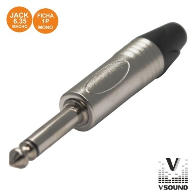 Adaptador jack macho 6.35 mm mono com corpo prateado e detalhe preto