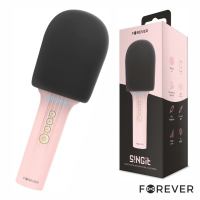 Microfone e altifalante FOREVER S!NGiE rosa claro com proteção preta e embalagem