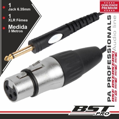 Cabo de áudio profissional com conector Jack 6.35mm e XLR fêmea, 3 metros