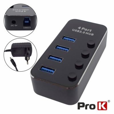 Concentrador USB 3.0 preto de 4 portas com botões e adaptador de corrente