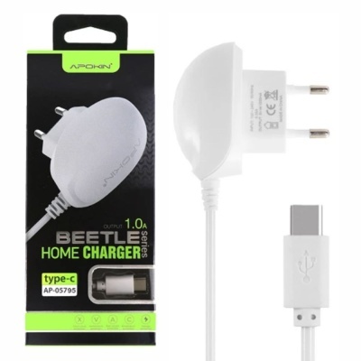 Carregador de parede branco com cabo tipo C e embalagem preta verde