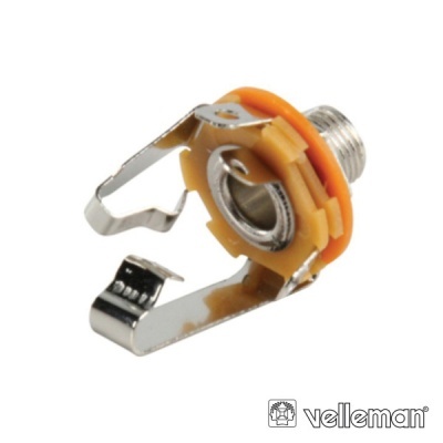 Conector jack estéreo metálico com isolador plástico amarelo e anel laranja