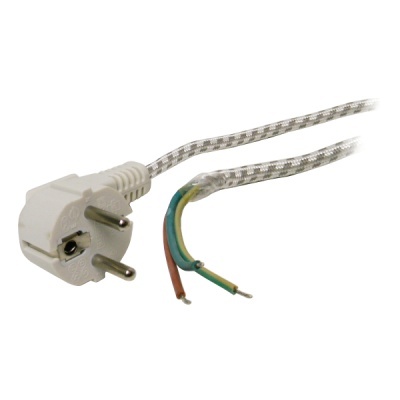 Cabo elétrico com ficha de tomada europeia branca e cabo tecido branco e cinza com fios expostos