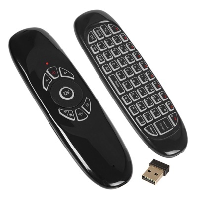 Comando remoto preto com teclado QWERTY e receptor USB preto