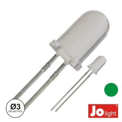 Dois LEDs transparentes com asas metálicas prateadas, um maior (3 mm) e um menor, com círculo verde e logotipo JOlight no fundo branco