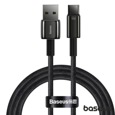 Cabo USB para USB-C preto com revestimento em malha e logótipos Baseus