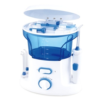 Irrigador oral com depósito de água azul e corpo branco com botões de controlo